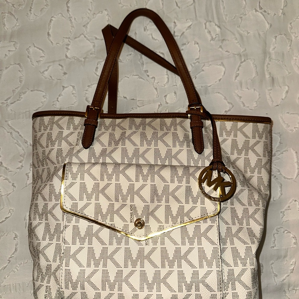 Michael Kors White and Brown Tote Bag